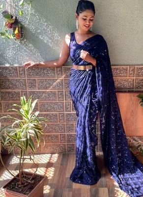 blue embellished sequinned work saree 1