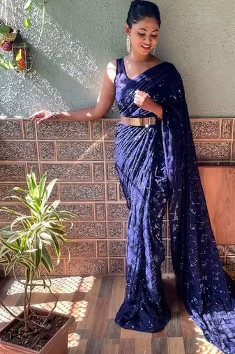 blue embellished sequinned work saree