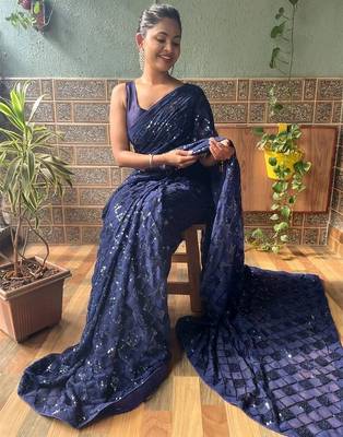 blue embellished sequinned work saree 2