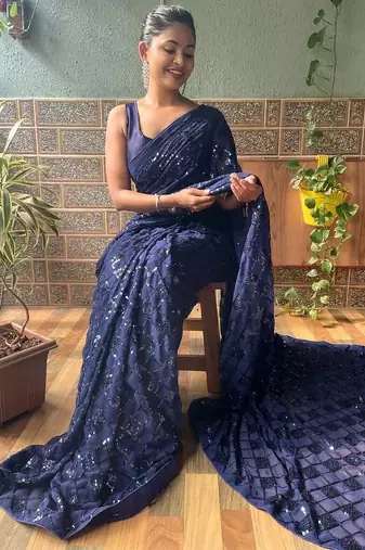 blue embellished sequinned work saree