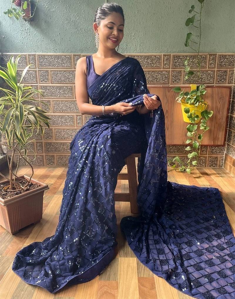 blue embellished sequinned work saree