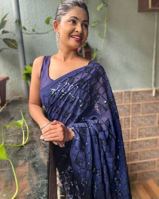 blue embellished sequinned work saree 3