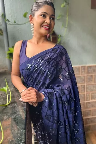 blue embellished sequinned work saree