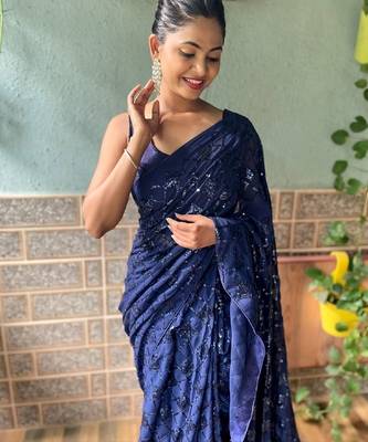 blue embellished sequinned work saree 4
