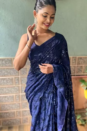 blue embellished sequinned work saree