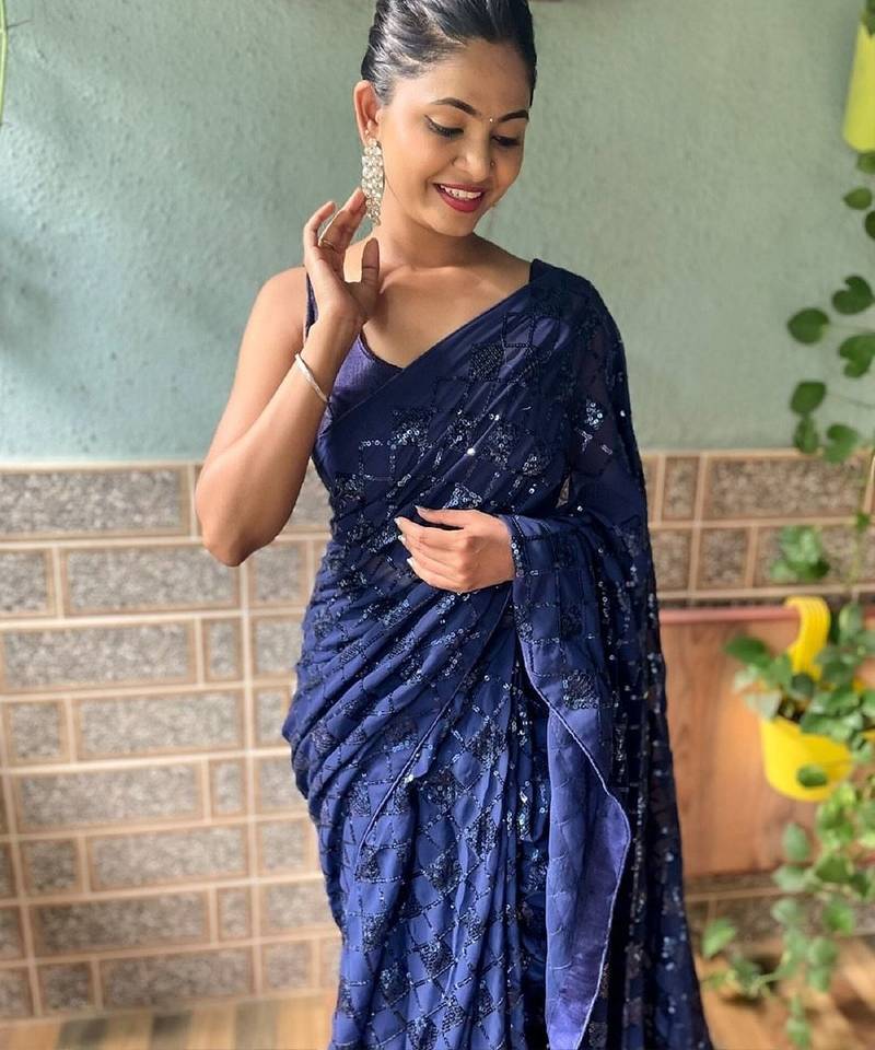 blue embellished sequinned work saree