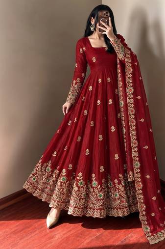 Women's deep red embroidered anarkali gown with dupatta