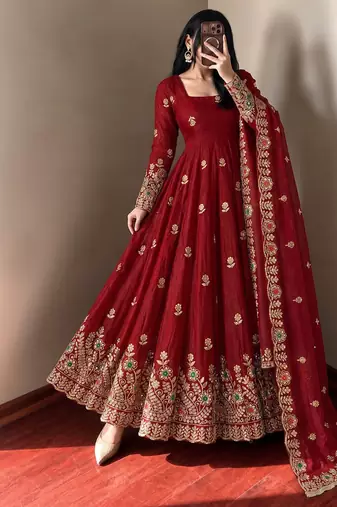 Women's deep red embroidered anarkali gown with dupatta