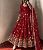 Women's deep red embroidered anarkali gown with dupatta