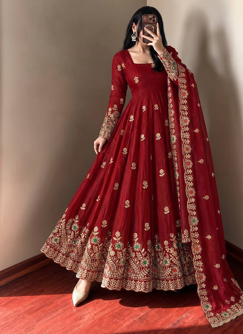 Women's deep red embroidered anarkali gown with dupatta