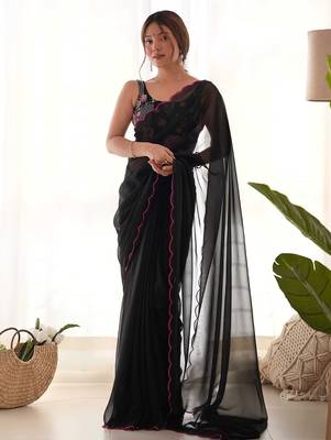 black solid saree with embroidered unstitched blouse piece 1