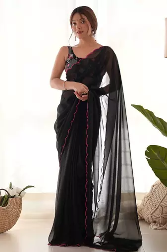 black solid saree with embroidered unstitched blouse piece