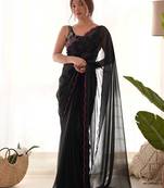 black solid saree with embroidered unstitched blouse piece
