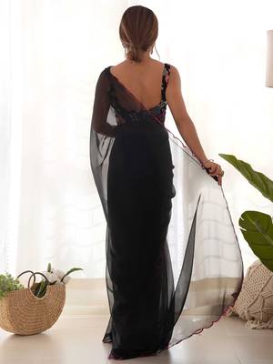 black solid saree with embroidered unstitched blouse piece 2