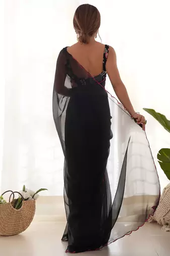black solid saree with embroidered unstitched blouse piece