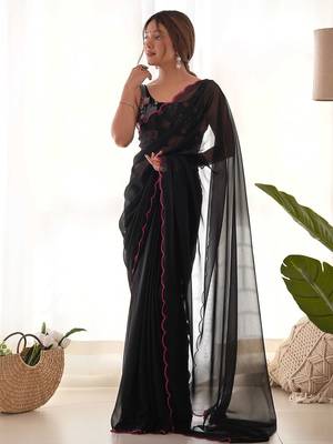 black solid saree with embroidered unstitched blouse piece 3