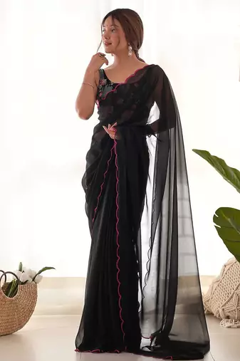black solid saree with embroidered unstitched blouse piece