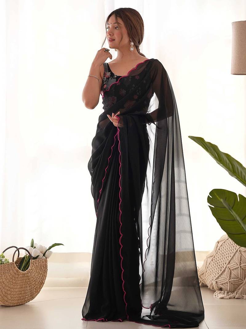 black solid saree with embroidered unstitched blouse piece