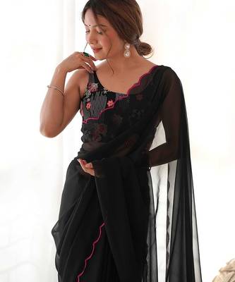 black solid saree with embroidered unstitched blouse piece 4