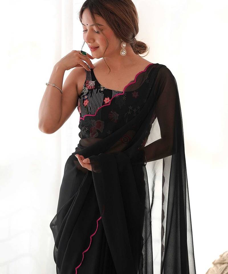 black solid saree with embroidered unstitched blouse piece