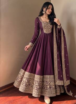 Women's wine heavy zari & sequins work anarkali suit set with straight pant and embroidered dupatta 2