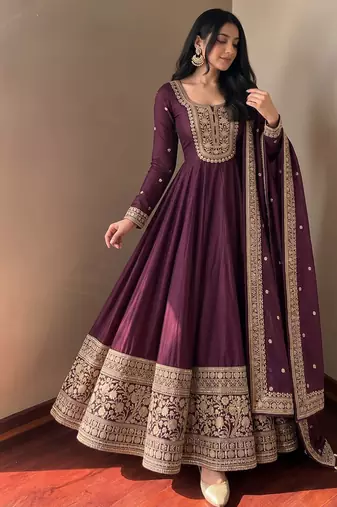 Women's wine heavy zari & sequins work anarkali suit set with straight pant and embroidered dupatta