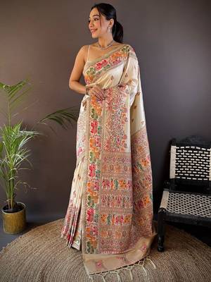 white ethnic motifs zari pashmina designer saree 1