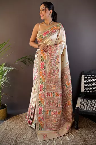white ethnic motifs zari pashmina designer saree