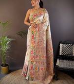 white ethnic motifs zari pashmina designer saree