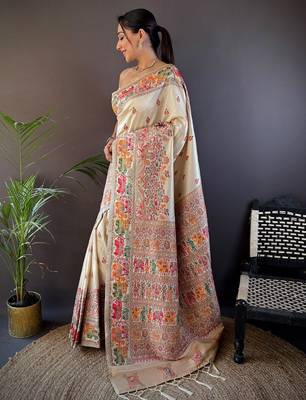 white ethnic motifs zari pashmina designer saree 2