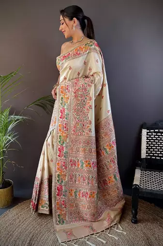 white ethnic motifs zari pashmina designer saree