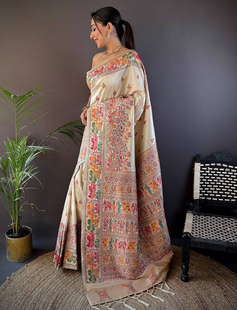 white ethnic motifs zari pashmina designer saree