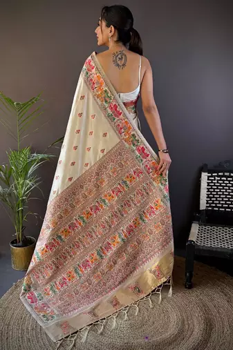 white ethnic motifs zari pashmina designer saree