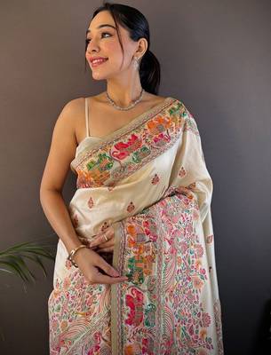 white ethnic motifs zari pashmina designer saree 4