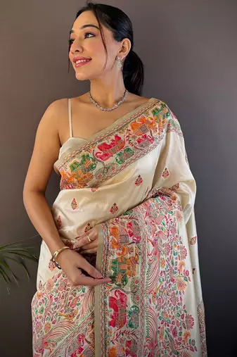 white ethnic motifs zari pashmina designer saree