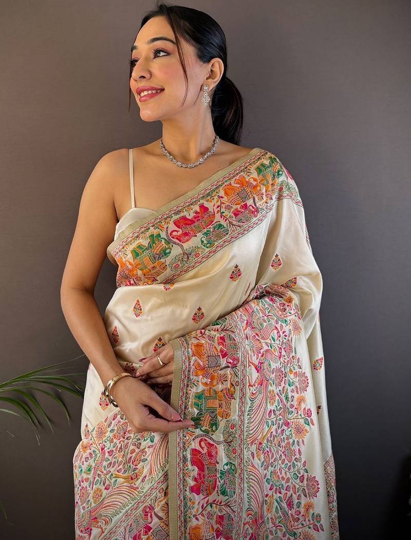 white ethnic motifs zari pashmina designer saree