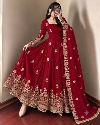 Women's deep red embroidered anarkali gown with dupatta 2
