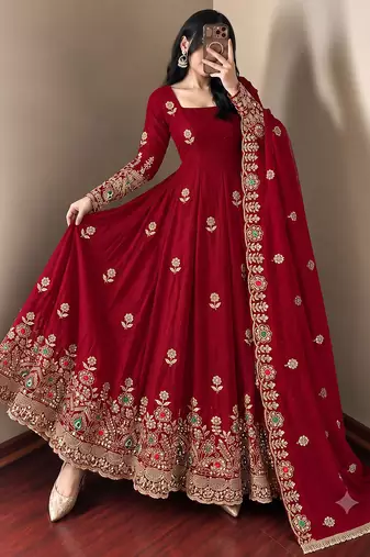 Women's deep red embroidered anarkali gown with dupatta
