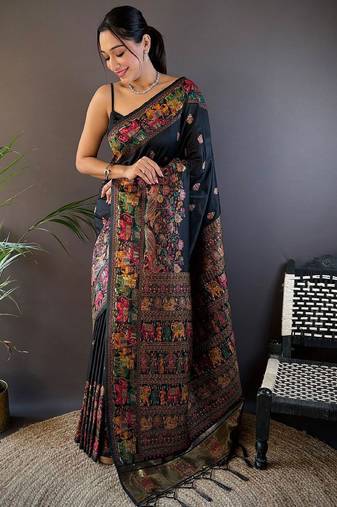 black woven design zari pashmina saree