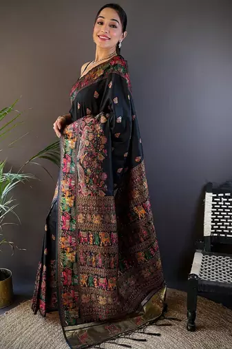 black woven design zari pashmina saree