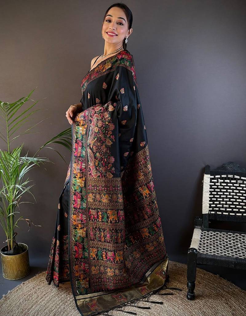 black woven design zari pashmina saree