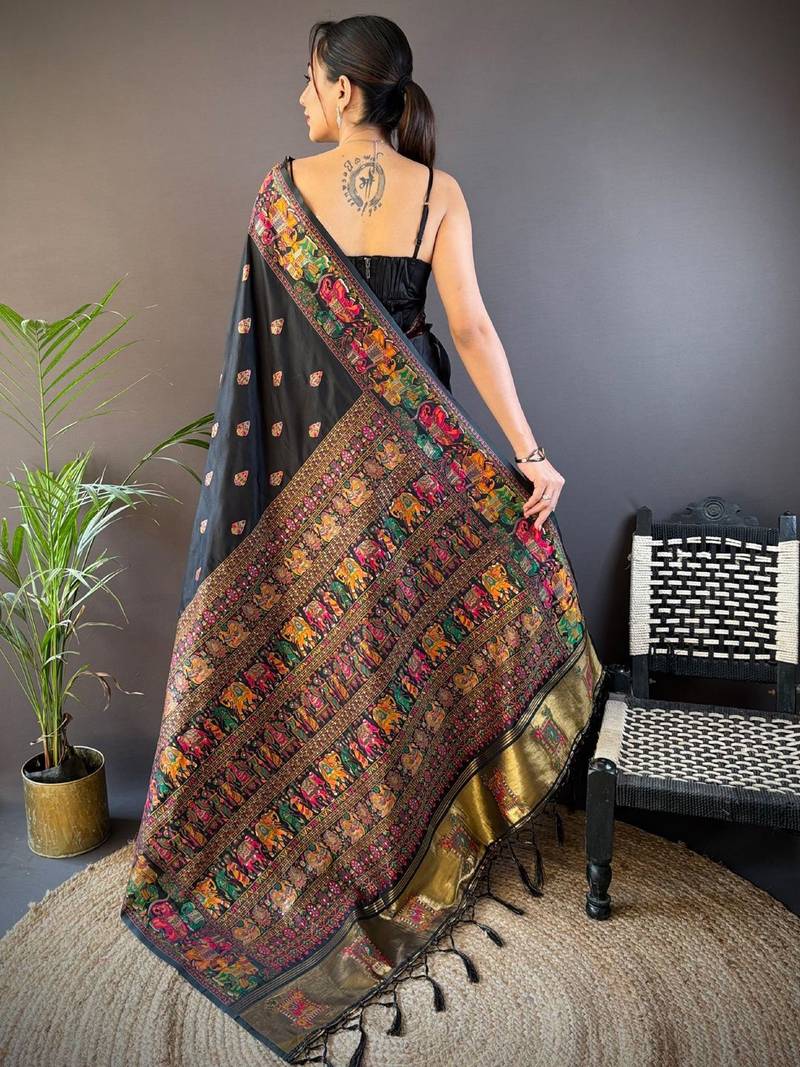 black woven design zari pashmina saree