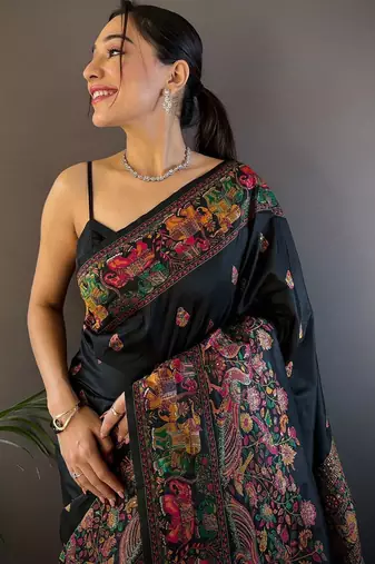 black woven design zari pashmina saree