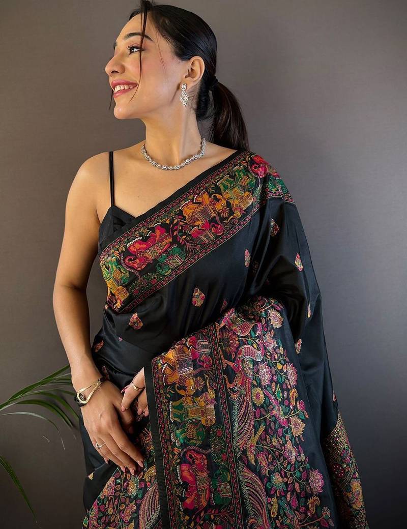 black woven design zari pashmina saree