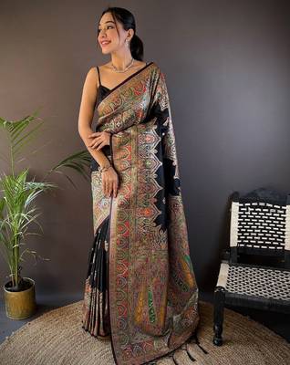 black woven design zari pashmina saree 1