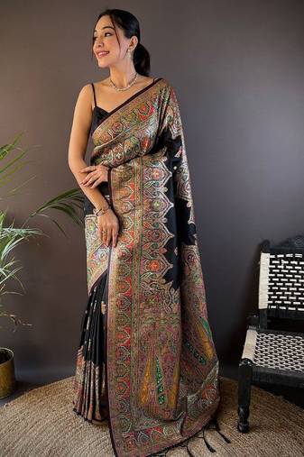 black woven design zari pashmina saree