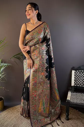 black woven design zari pashmina saree