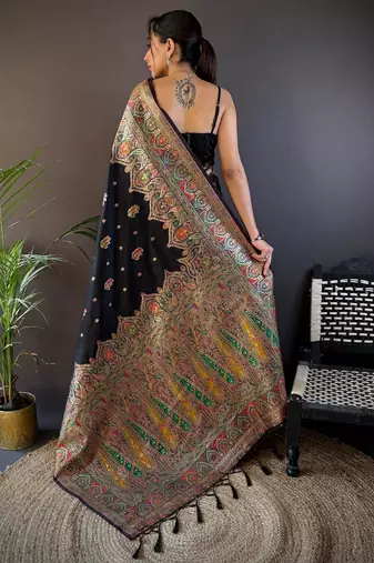 black woven design zari pashmina saree
