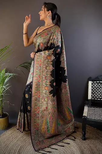 black woven design zari pashmina saree