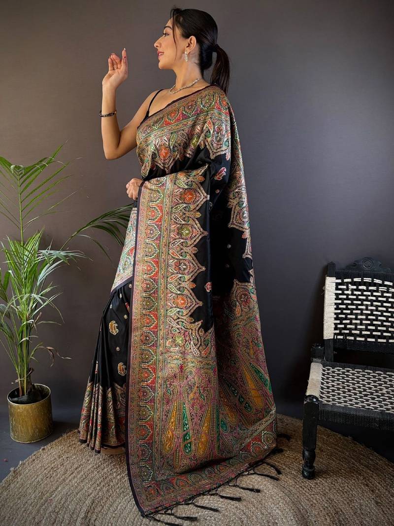 black woven design zari pashmina saree